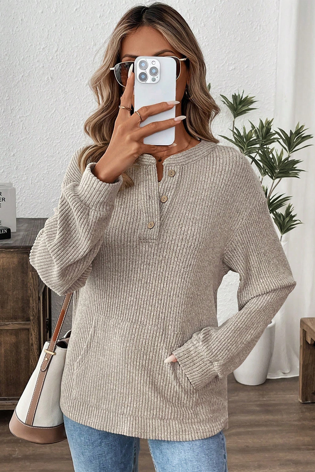 Simply Taupe Ribbed Texture Drop Shoulder Henley Knit Top  Shop One Place