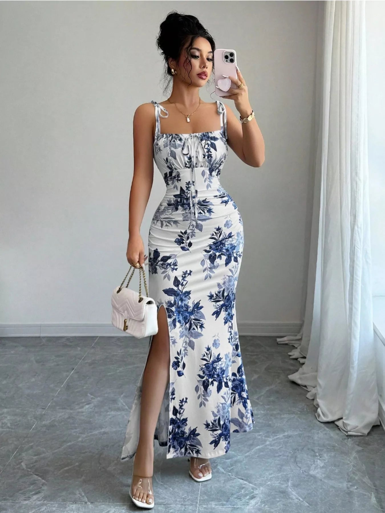 Printed Tie Strap Slit Maxi Dress  Shop One Place