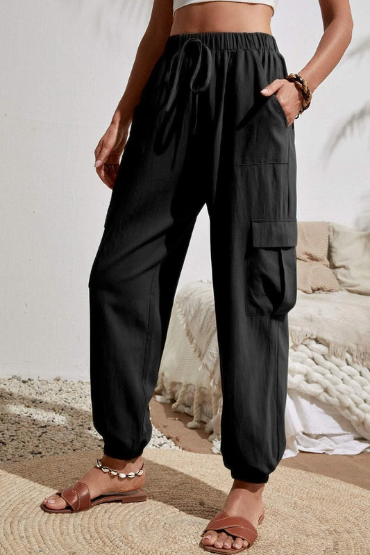 Black Solid Color Drawstring Loose Pocketed Cuffed Pants