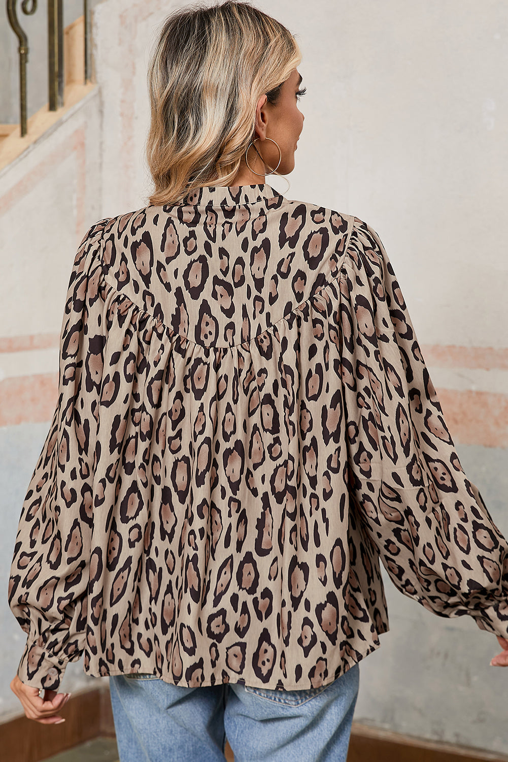 Light French Beige Leopard Print Balloon Sleeve Loose Blouse  Shop One Place