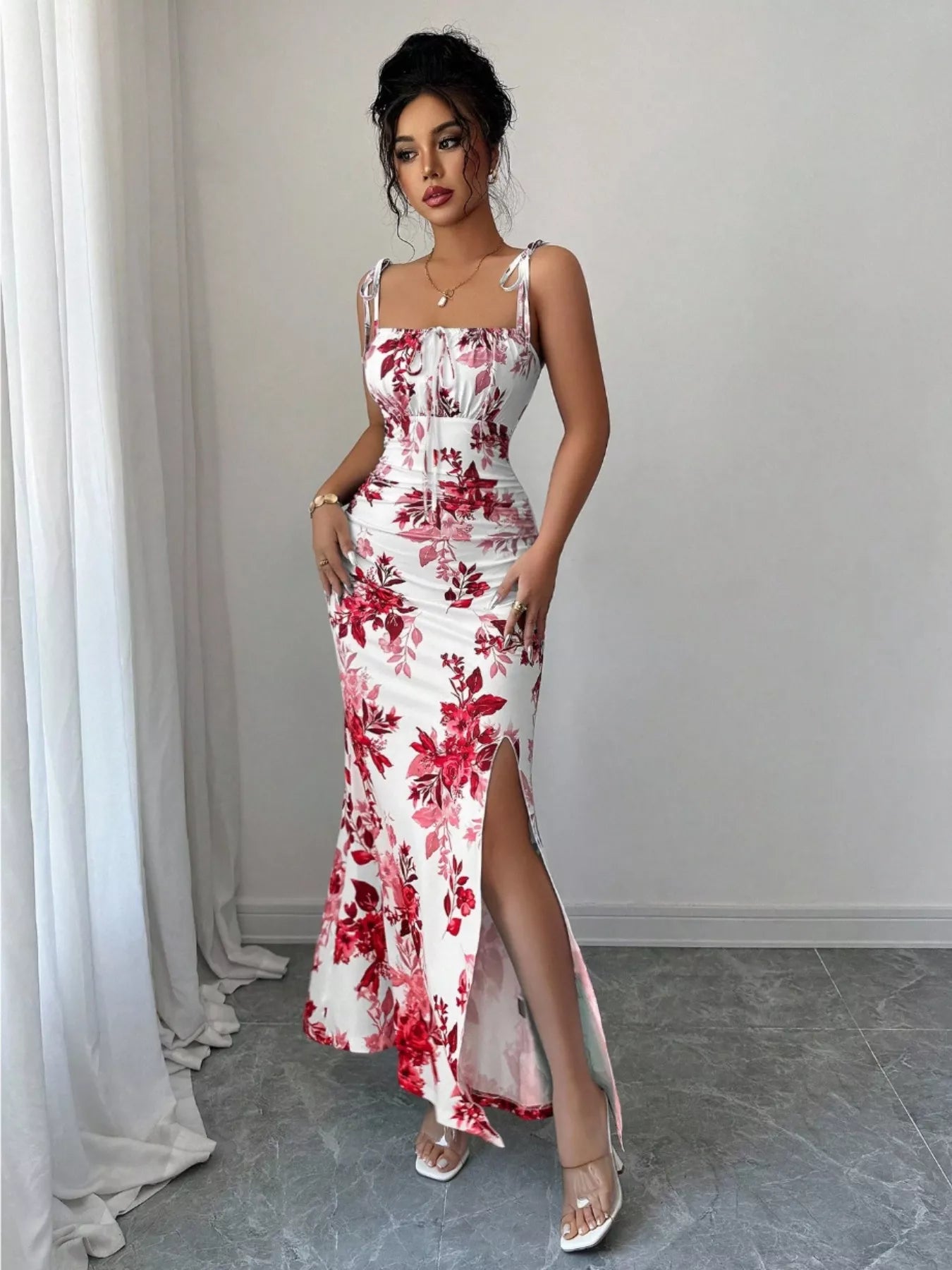 Printed Tie Strap Slit Maxi Dress  Shop One Place