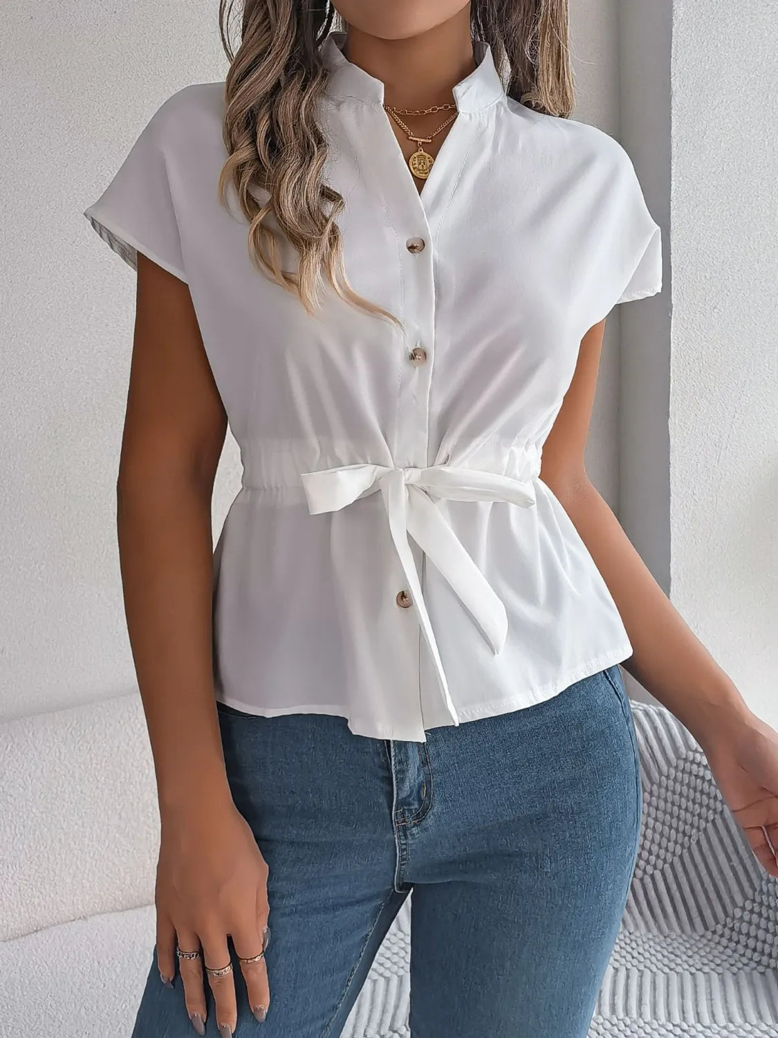 Notched Short Sleeve Blouse  Shop One Place