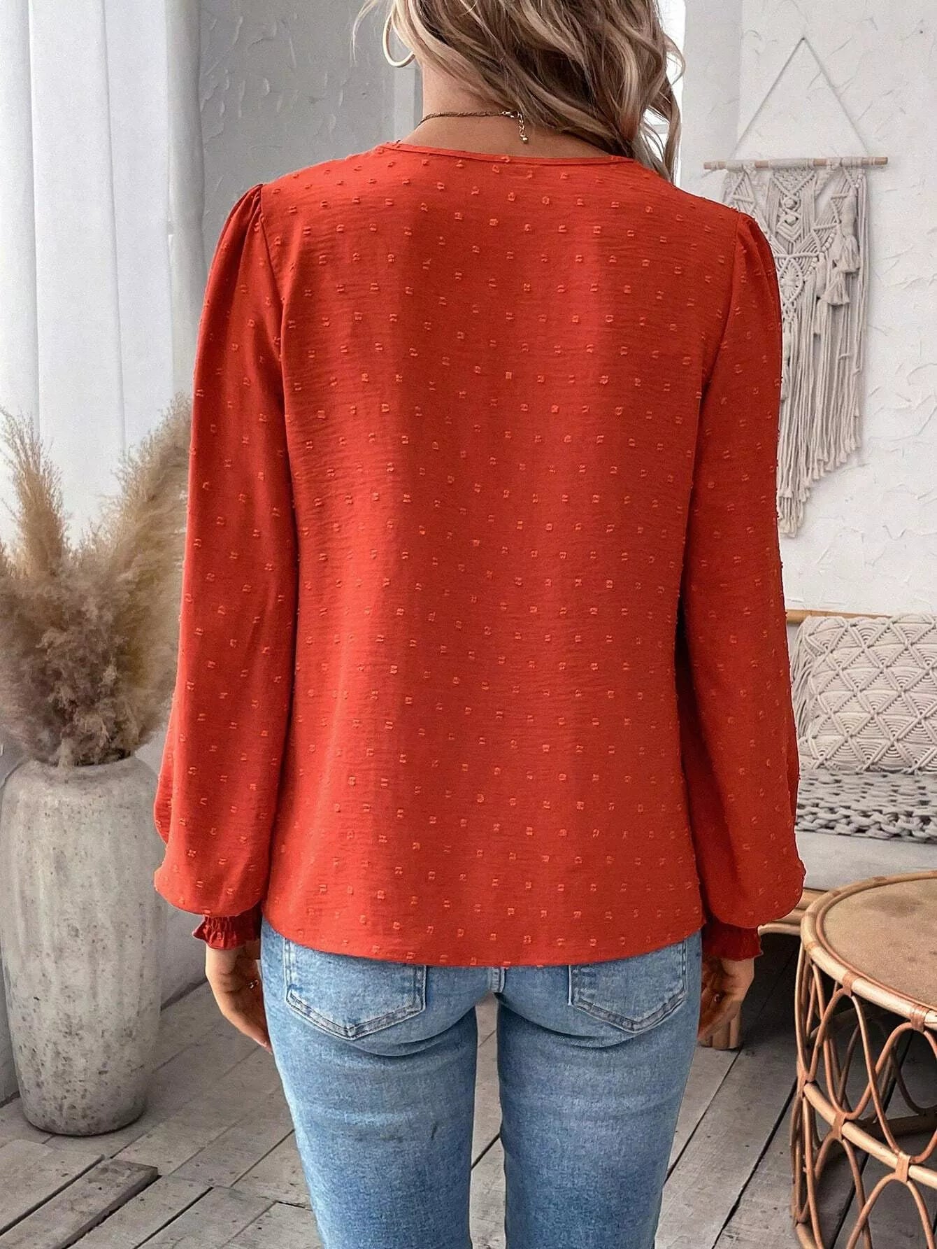 Swiss Dot Lace Detail Long Sleeve Blouse  Shop One Place