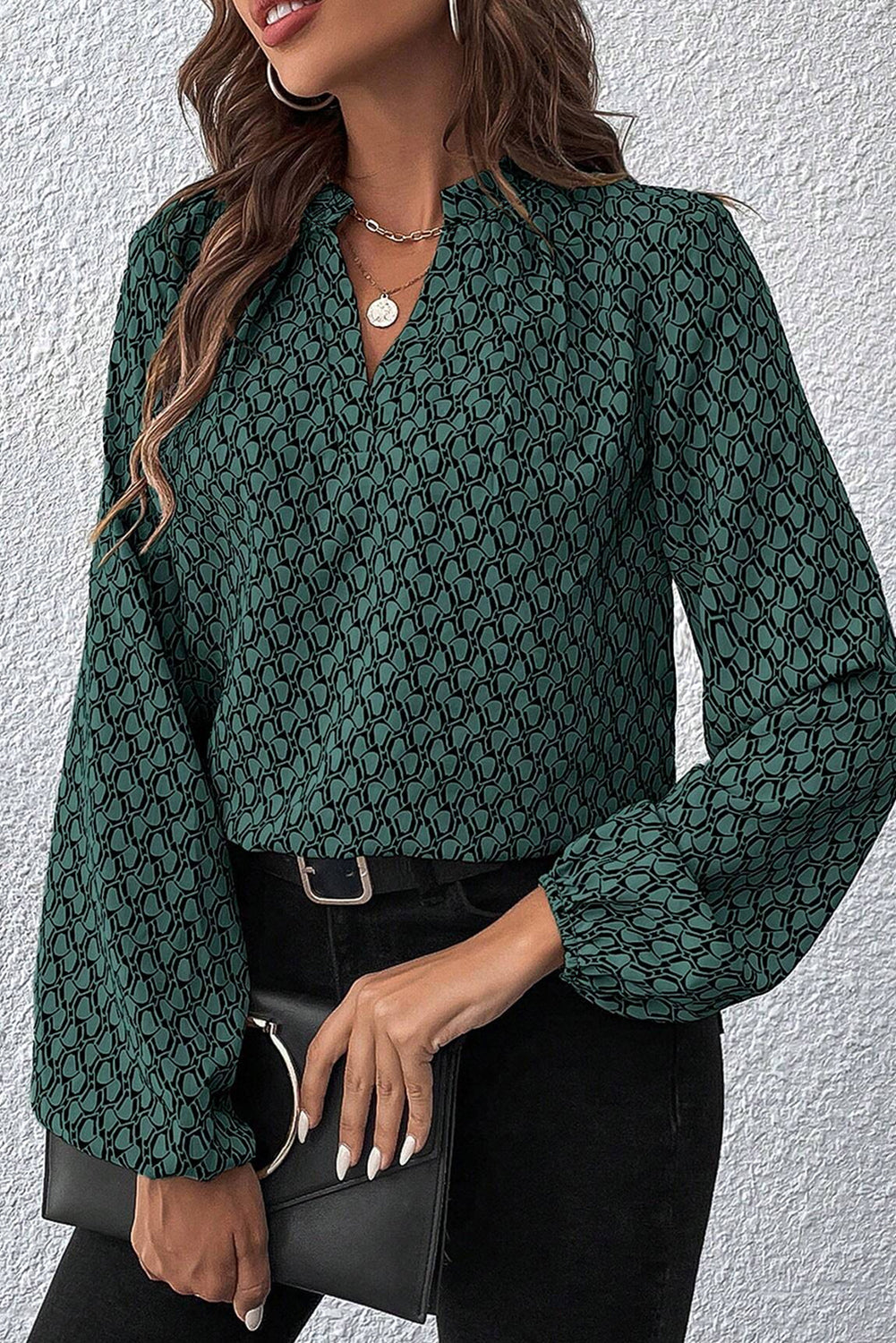 Khaki Geometric Print Notched Neck Long Sleeve Blouse