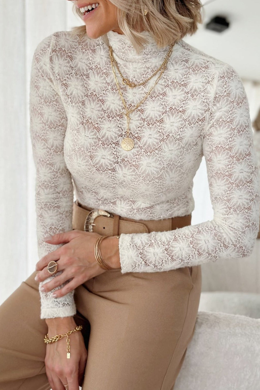 White Floral Lace High Neck Slim Fit Long Sleeve Top