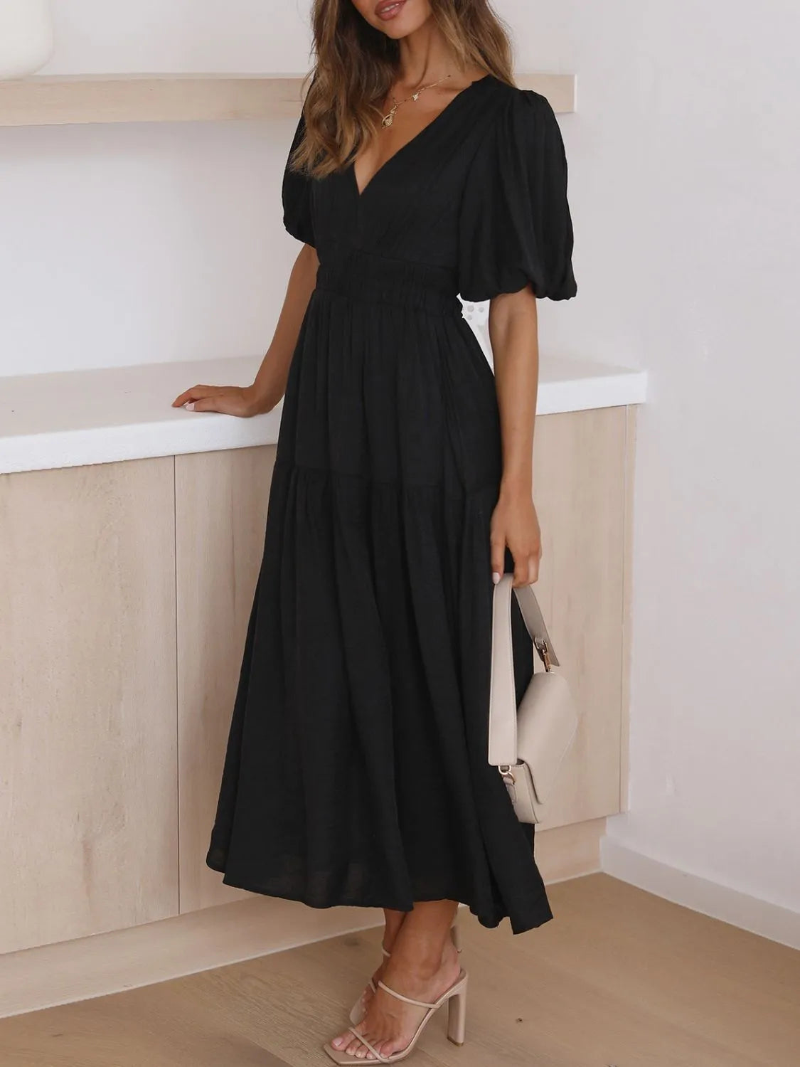 V-Neck Puff Sleeve Midi Dress  Shop One Place
