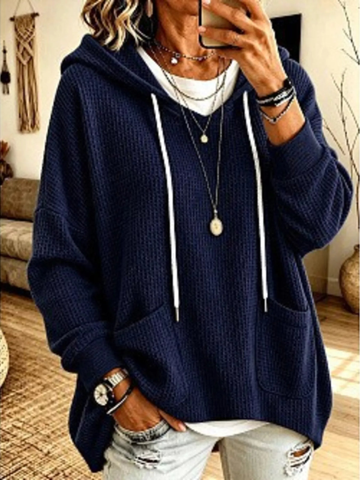 Women's Waffle Knit Hoodie with Pockets – view 4