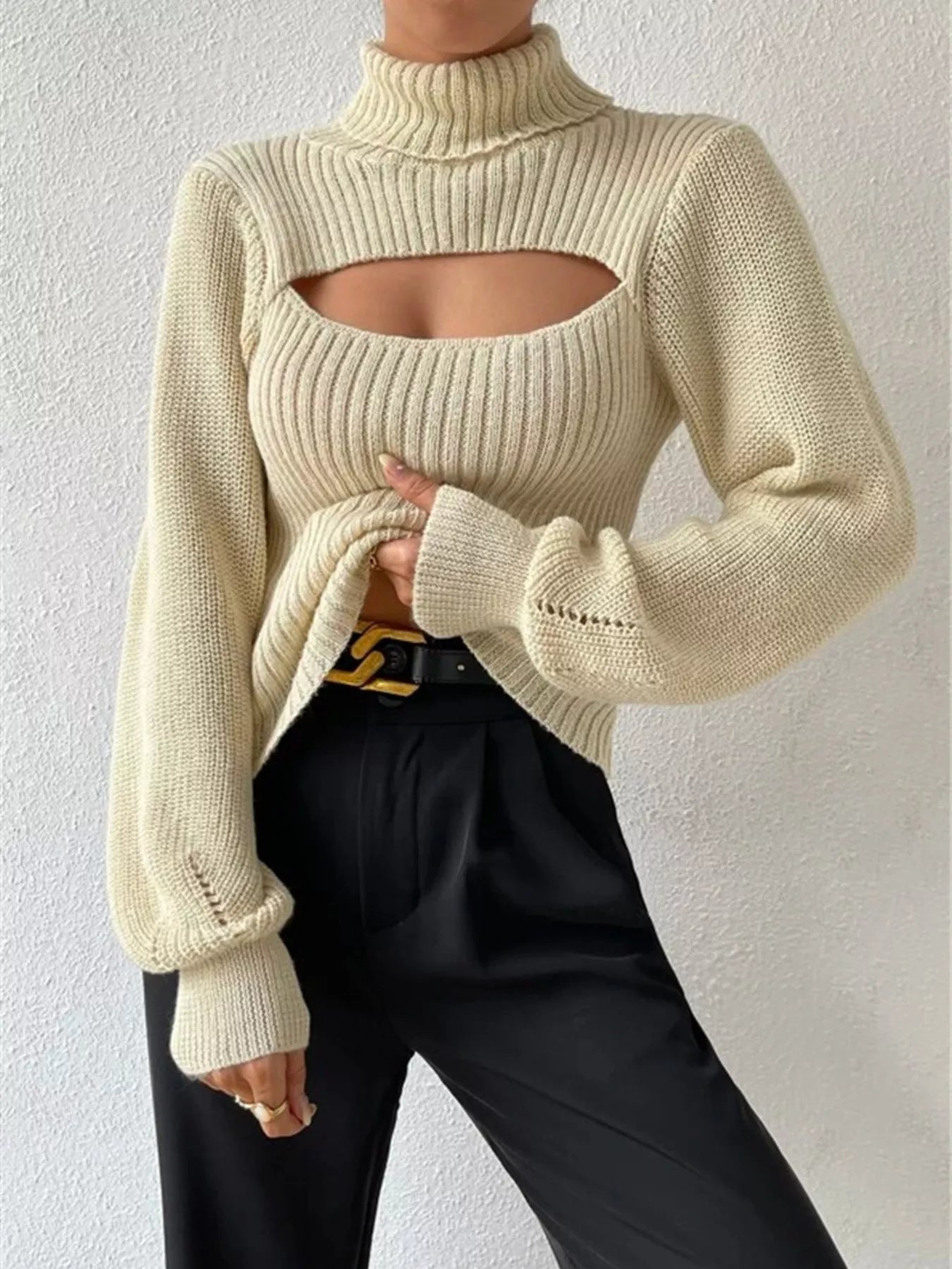 Cutout Front Turtleneck Long Sleeve Sweater  Shop One Place
