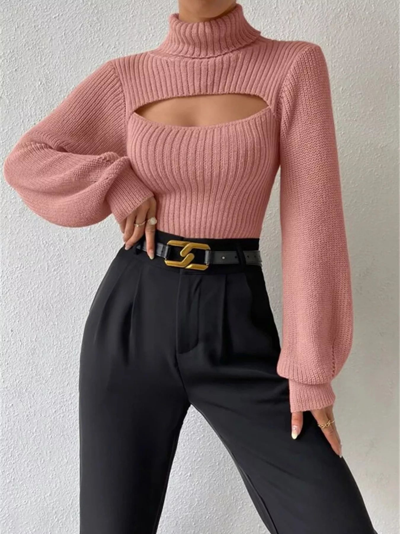 Cutout Front Turtleneck Long Sleeve Sweater  Shop One Place