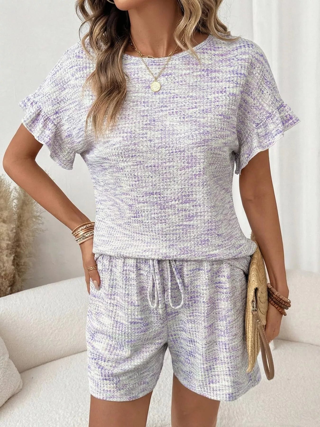 Ruffle Sleeve Textured Top and Shorts Set  Shop One Place