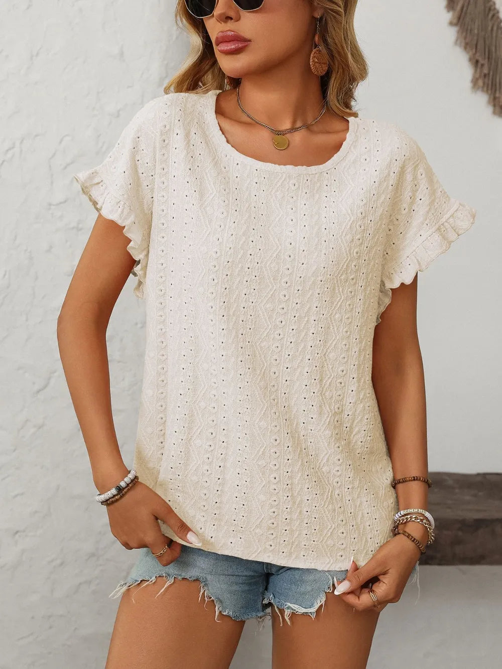 Mandy Eyelet Round Neck Short Sleeve Top  Shop One Place