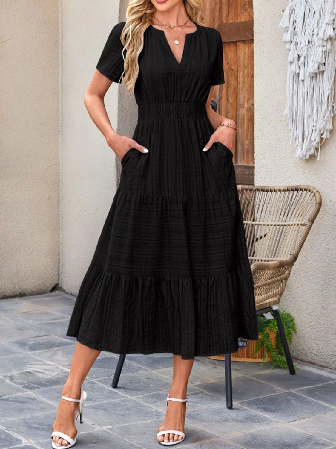 Tiered Notched Short Sleeve Dress  Shop One Place