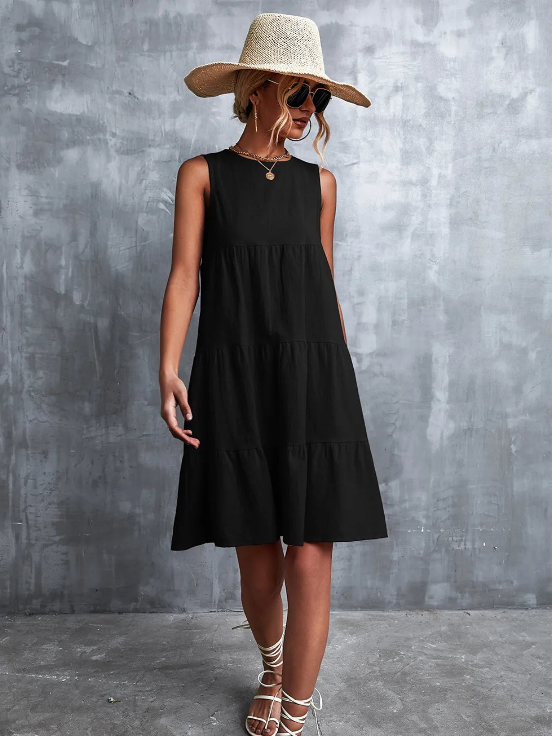 Tiered Round Neck Sleeveless Mini Tank Dress  Shop One Place