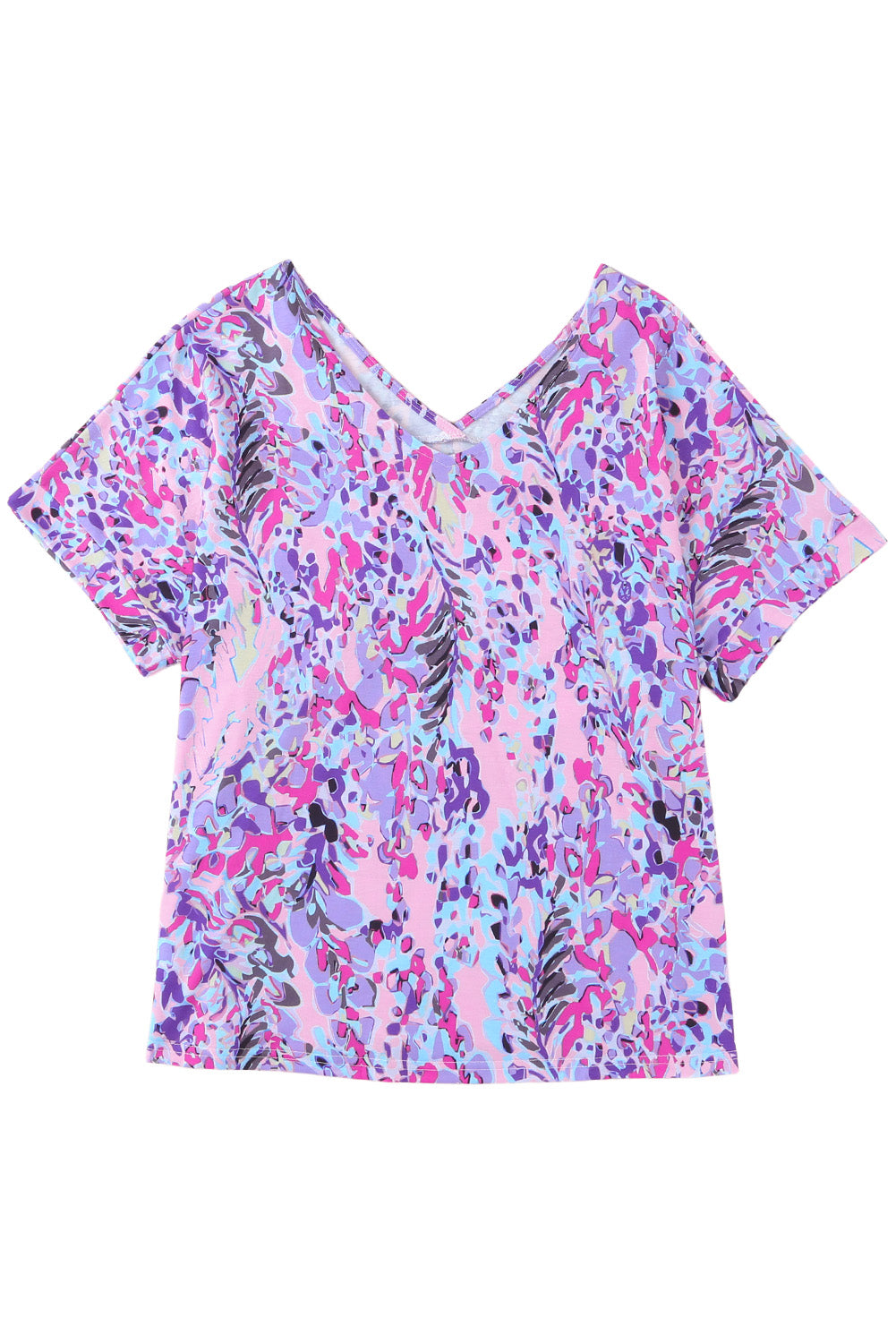 Pastel Blue Abstract Floral Print Short Sleeve V Neck T Shirt