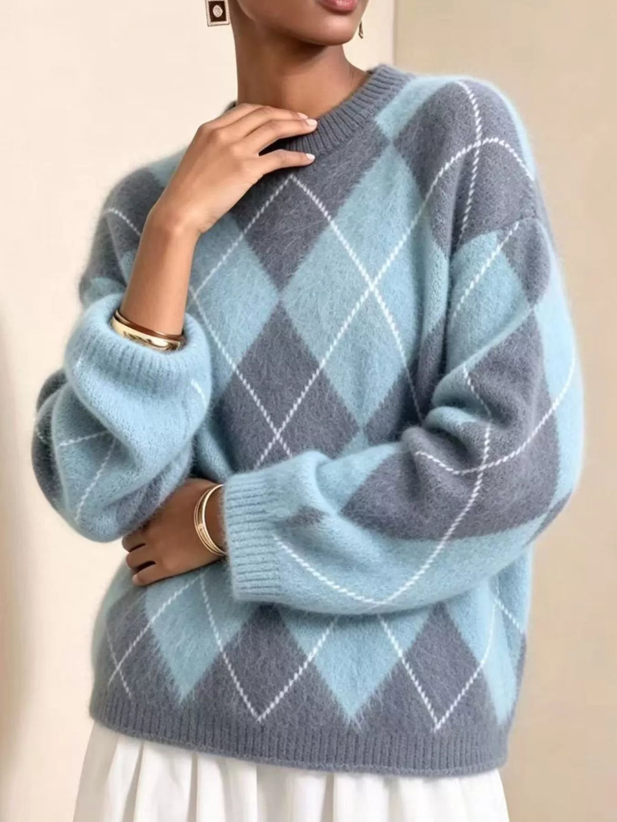 Women's Argyle Fuzzy Knit Sweater – view 13