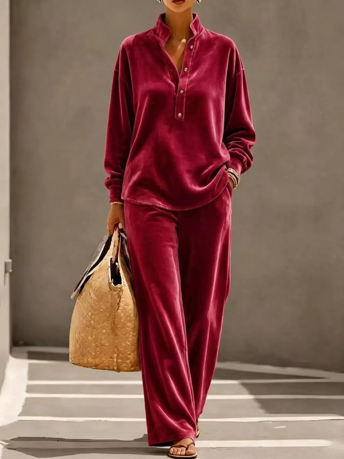 Women's Half-Button Top & Wide-Leg Pants Set – view 11