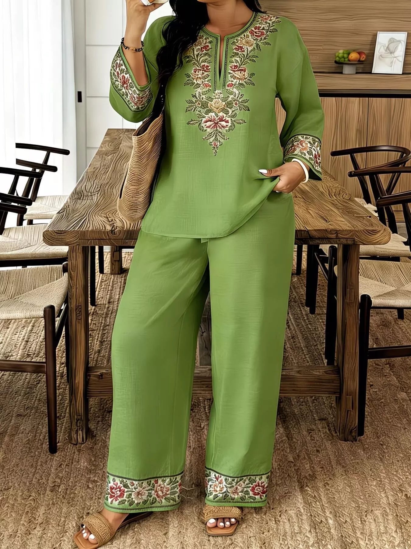 Full Size Embroidered Long Sleeve Top and Pants Set Plus Size  Shop One Place
