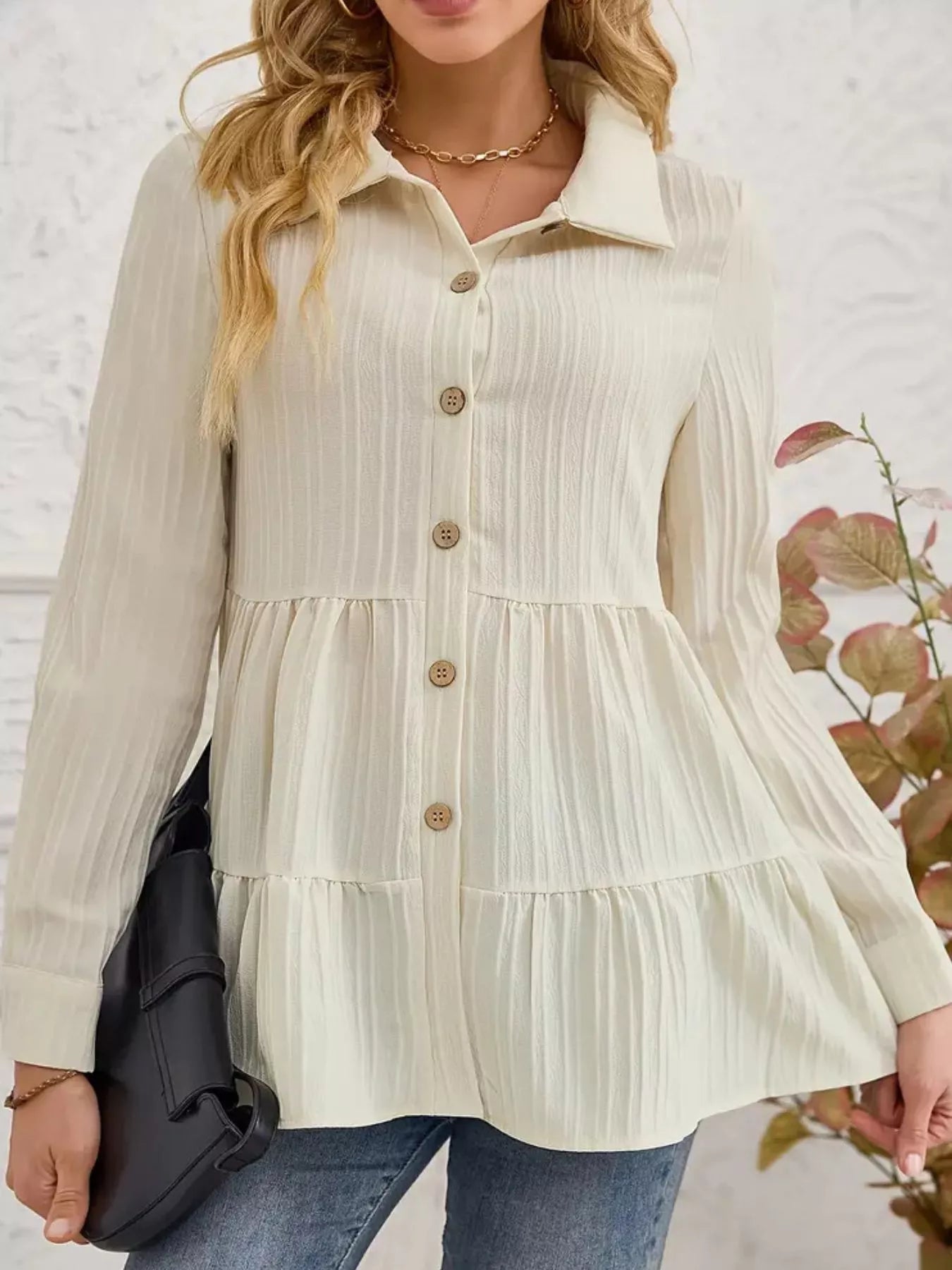 Button-Down Long Sleeve Tiered Shirt  Shop One Place