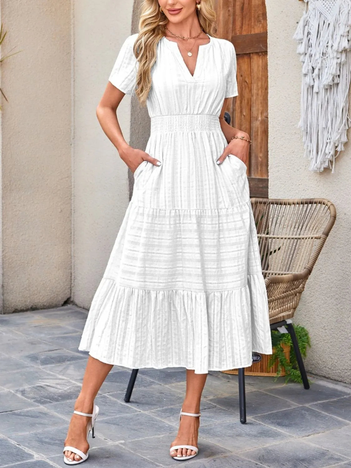 Tiered Notched Short Sleeve Dress  Shop One Place