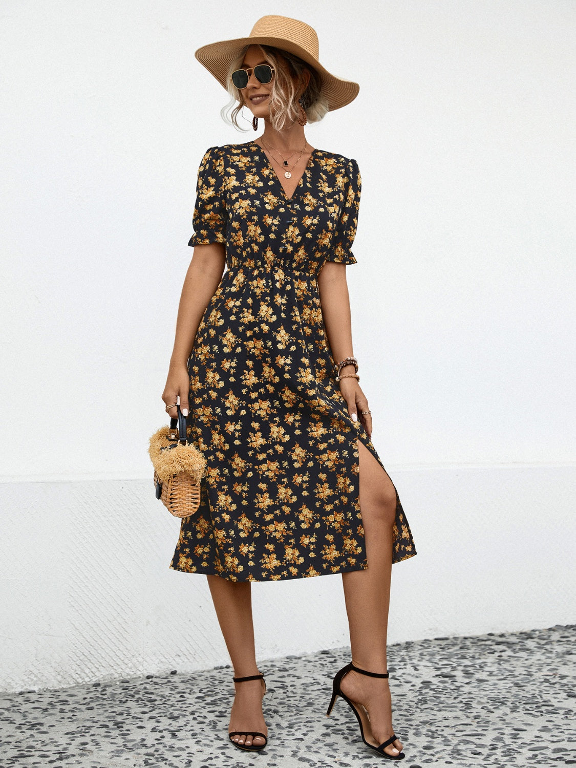 Slit Printed V-Neck Short Sleeve Dress