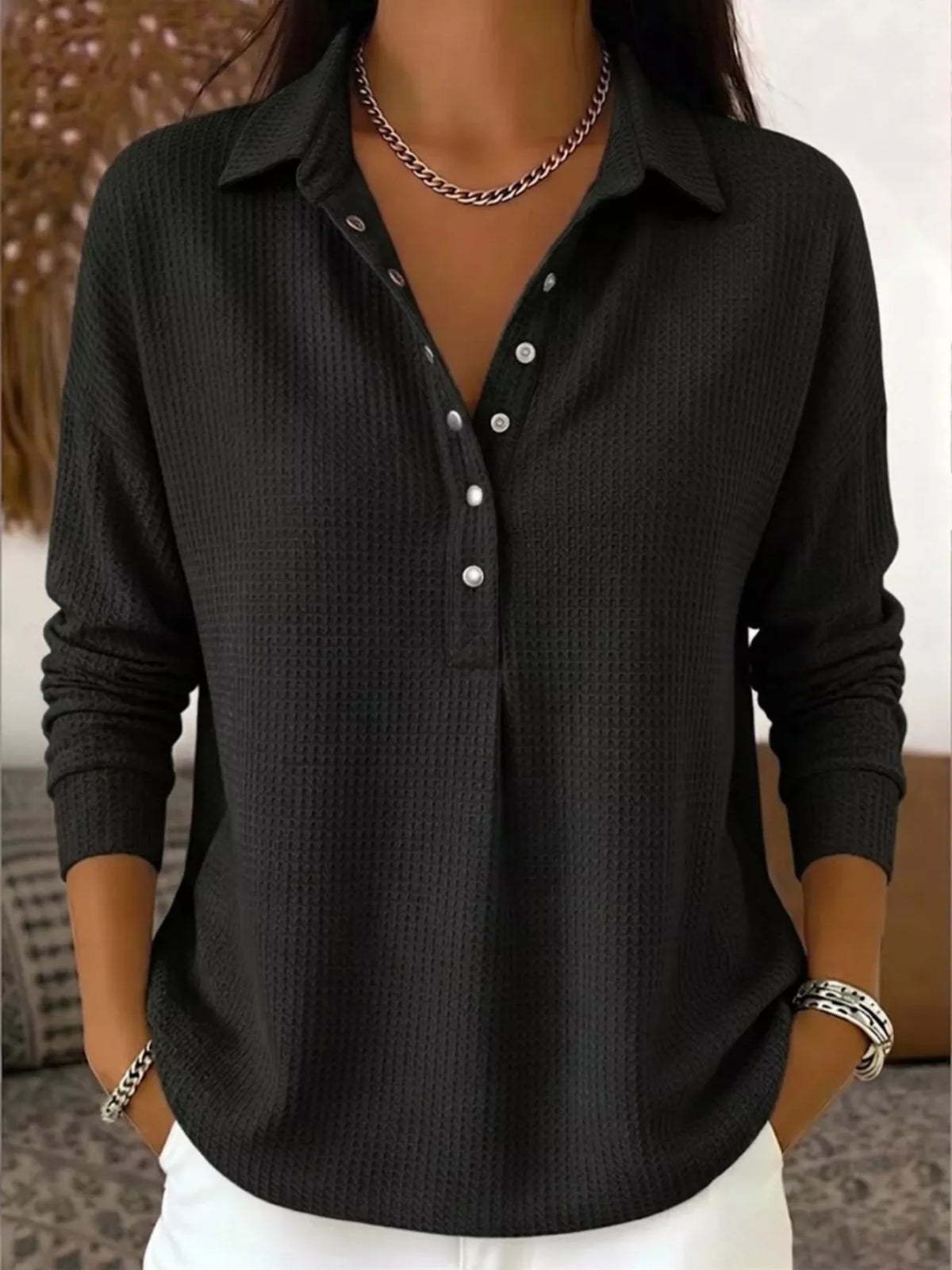 Women's Waffle Knit Snap-Front Blouse – view 3