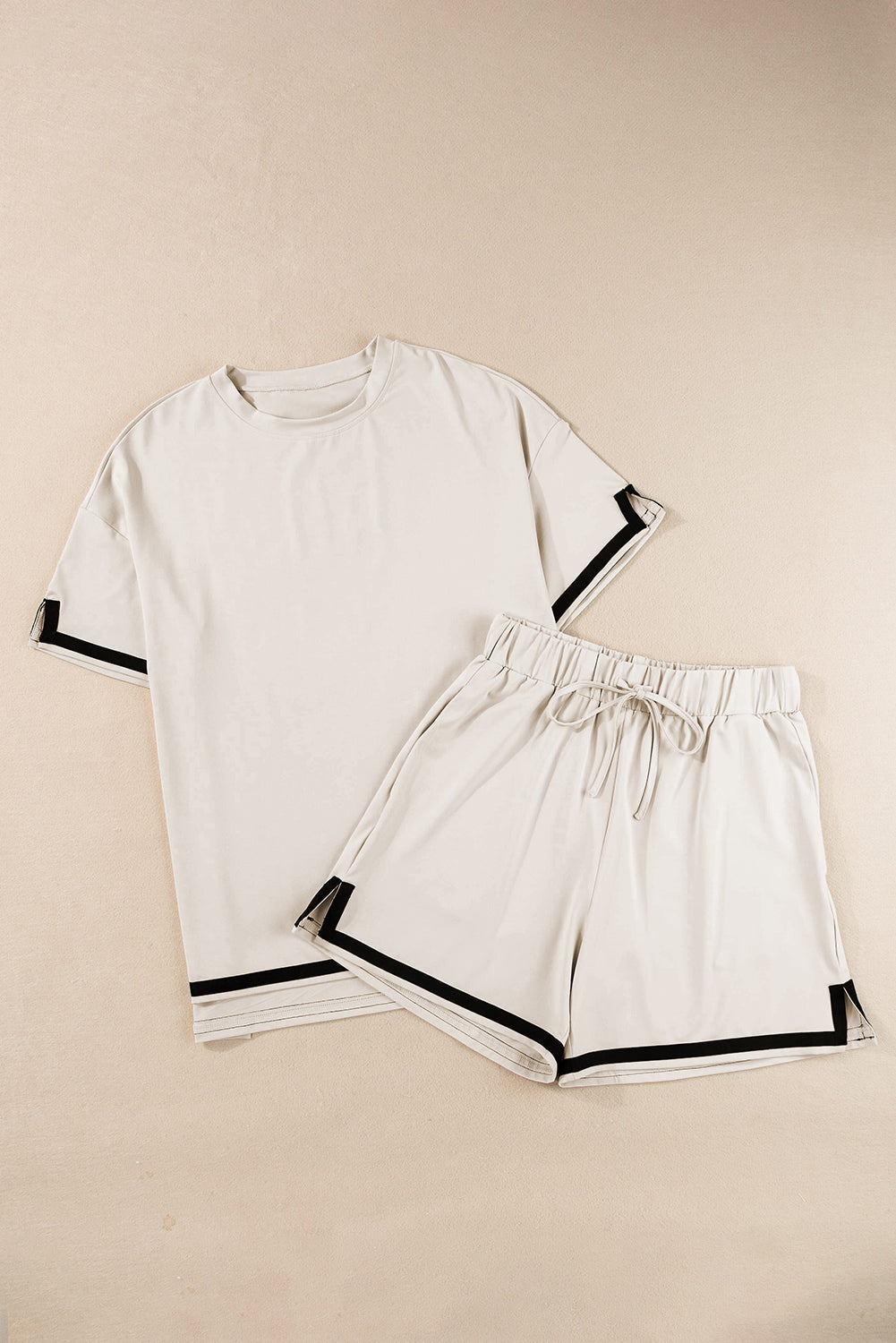 Apricot Contrast Trim Round Neck Tee and Drawstring Shorts Set