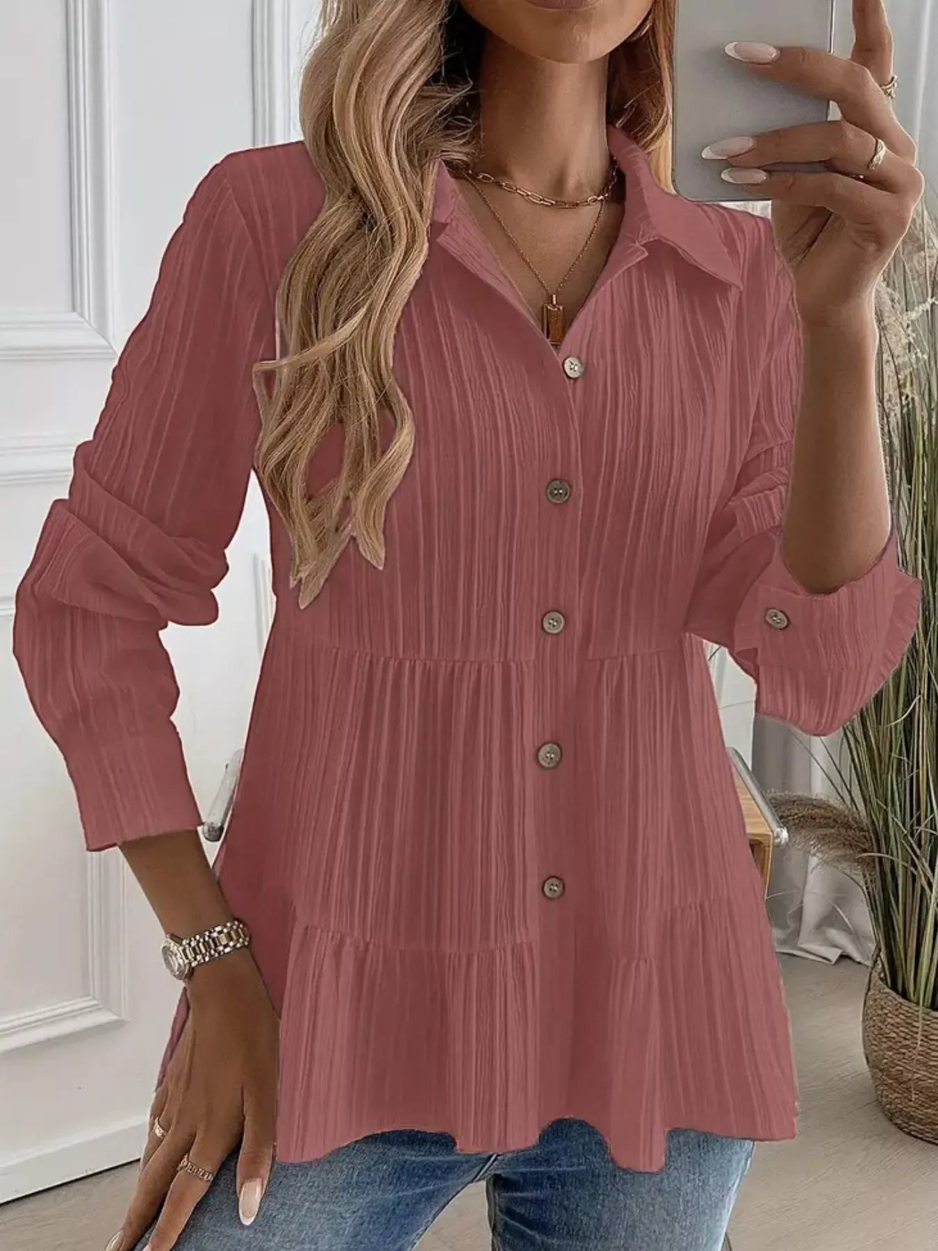 Button-Down Long Sleeve Tiered Shirt  Shop One Place