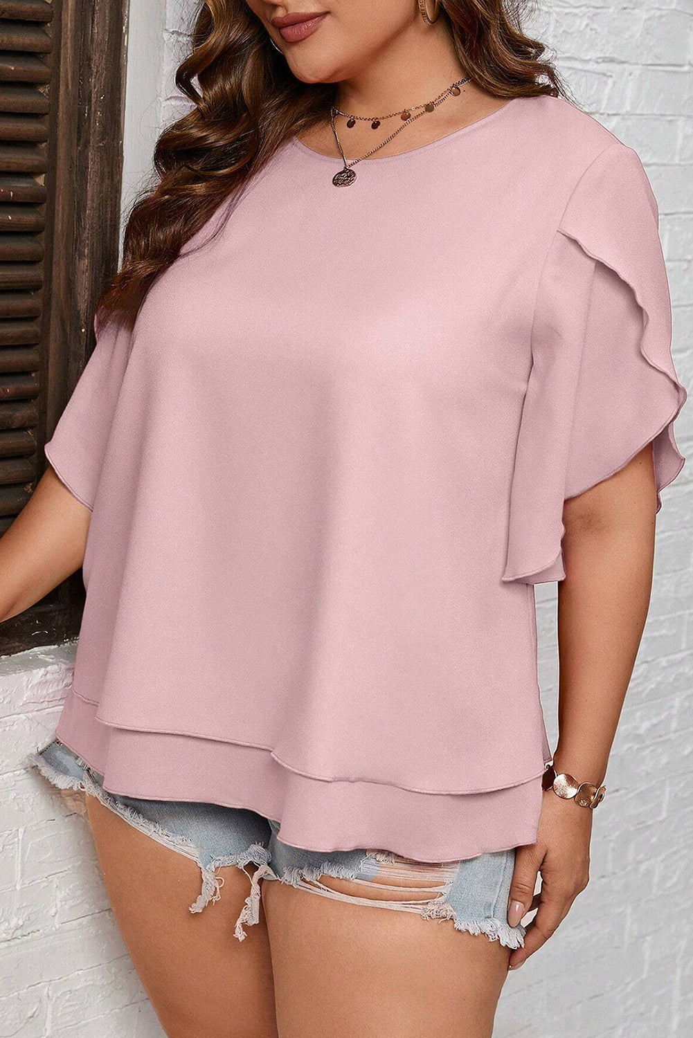 Light Pink Plus Size Frilly Overlap Sleeve Double Layered Blouse