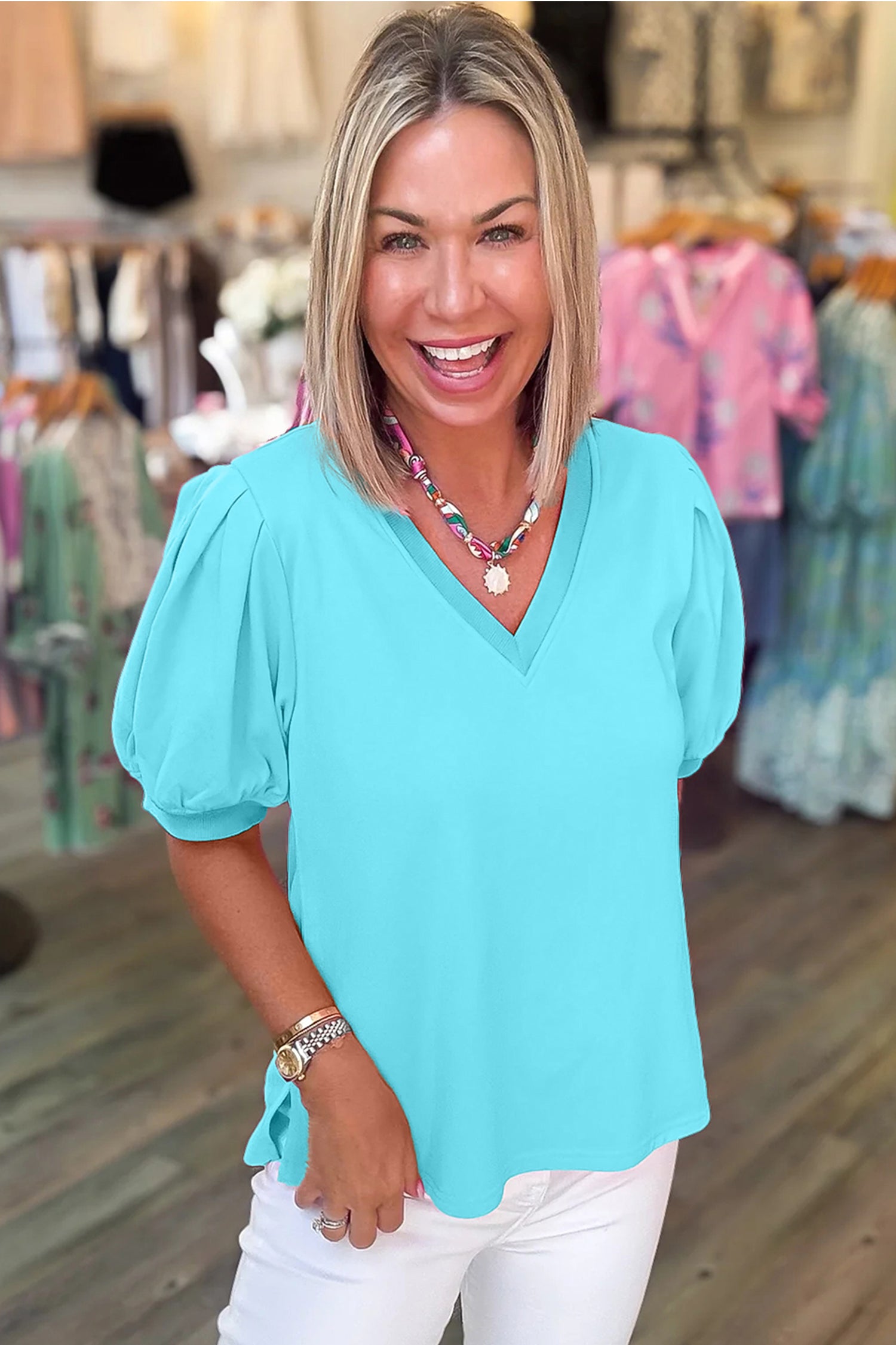 Turquoise Solid Color V Neck Short Puff Sleeve Blouse  Shop One Place
