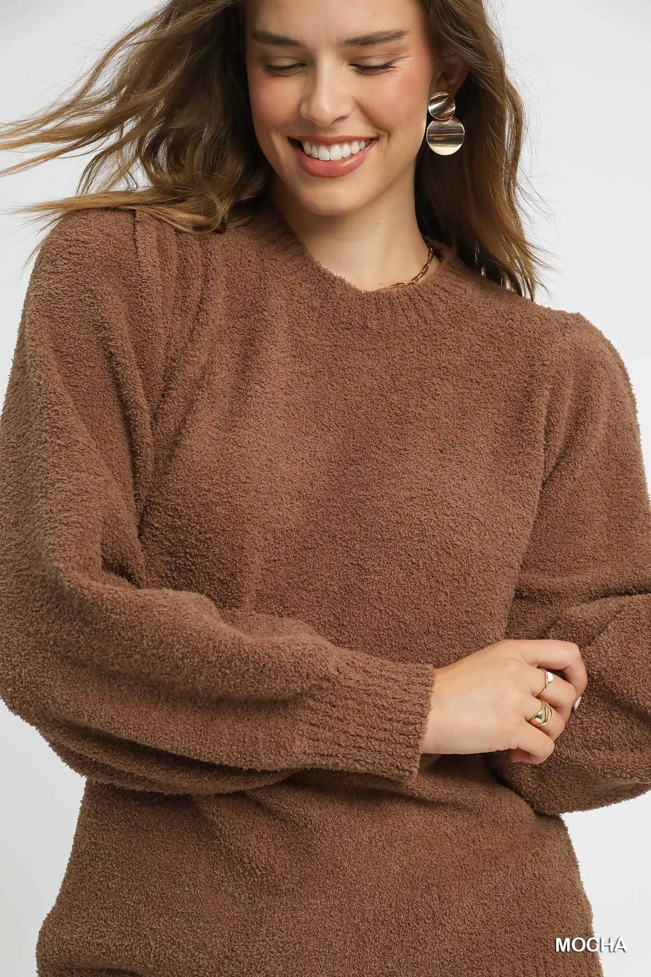 Umgee Textured Long Sleeve Sweater with Ribbed Trim  Shop One Place