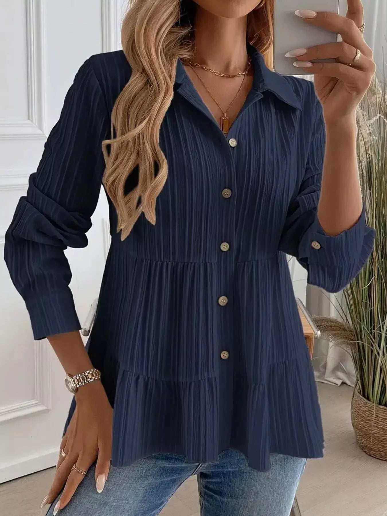 Button-Down Long Sleeve Tiered Shirt  Shop One Place