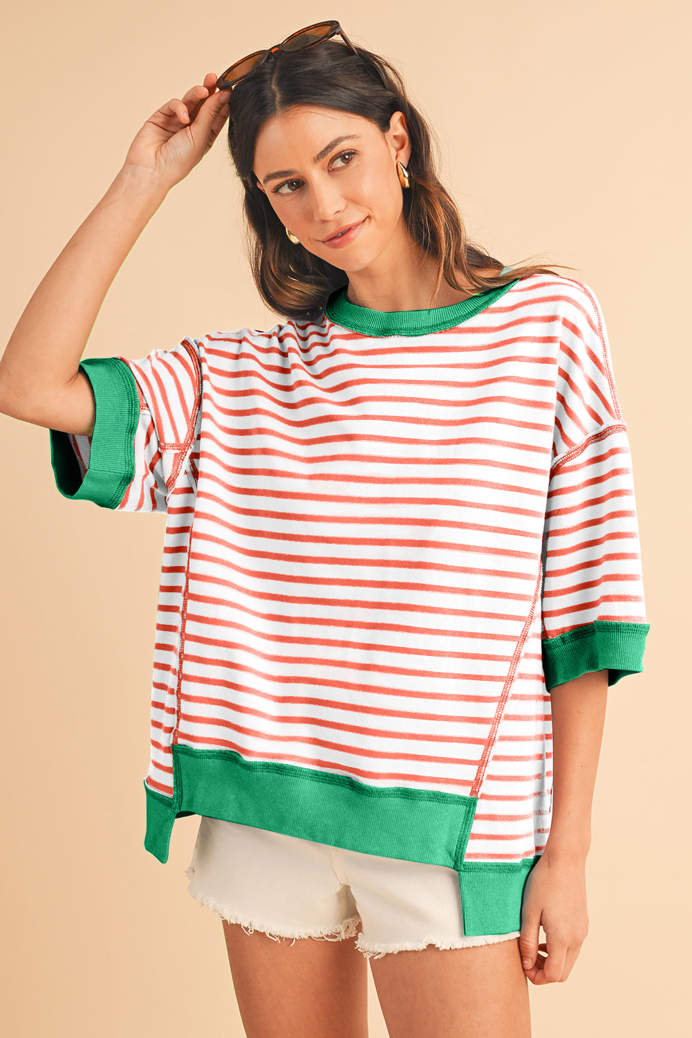 Stripe Colorblock Drop Sleeve Oversized T Shirt