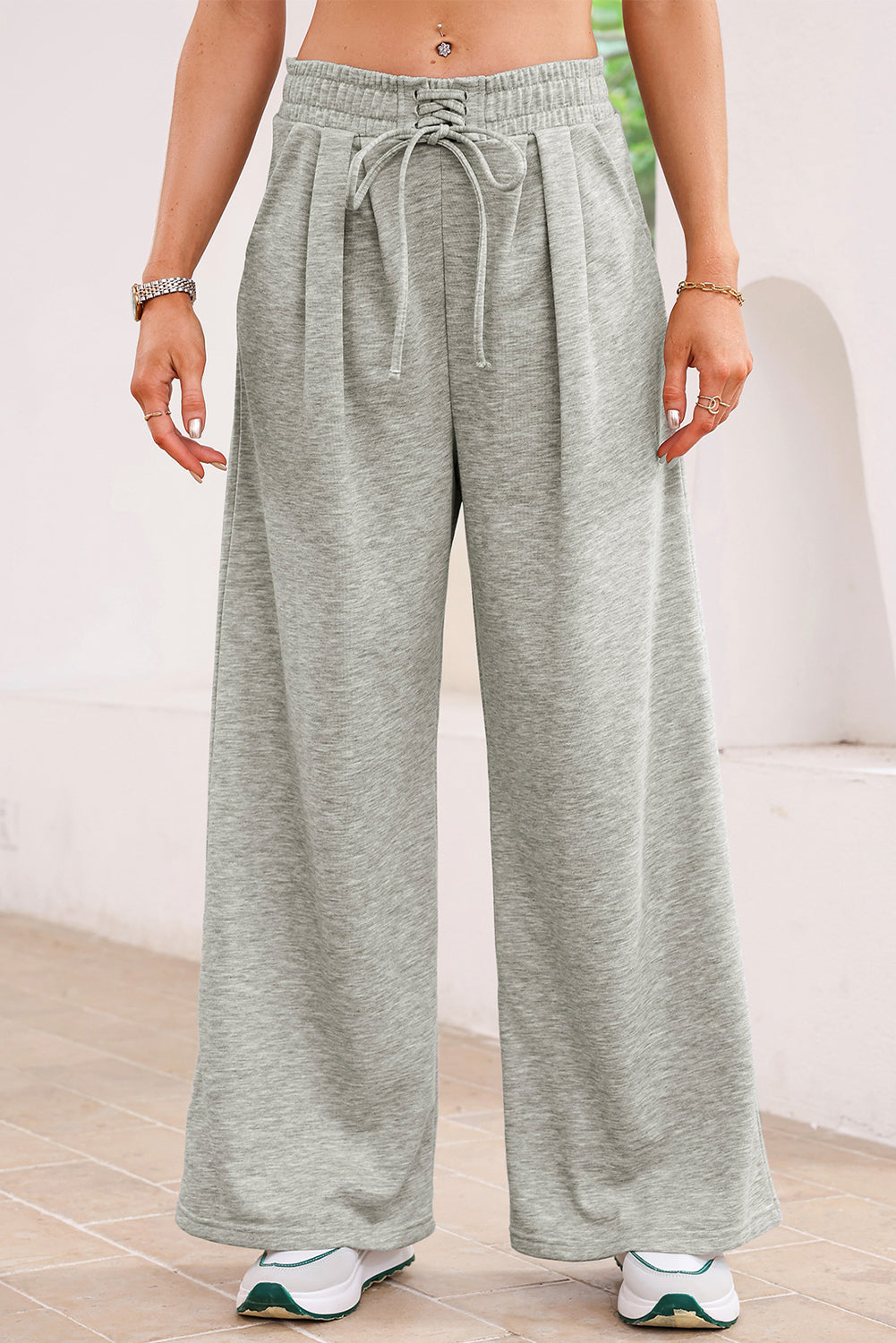 Tied Elastic High Waist Pleated Detail Solid Sweatpants