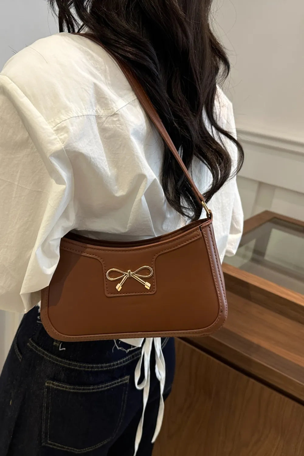 Bow Trim PU Leather Shoulder Bag  Shop One Place
