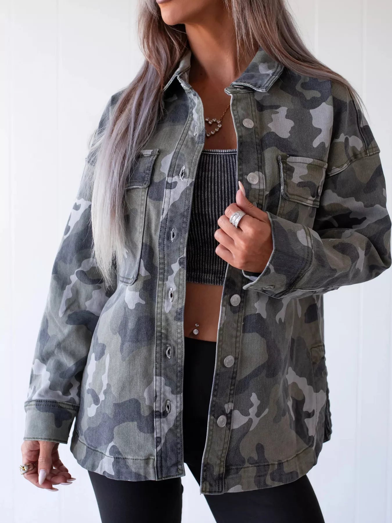 Camouflage Print Button Up Denim Jacket  Shop One Place