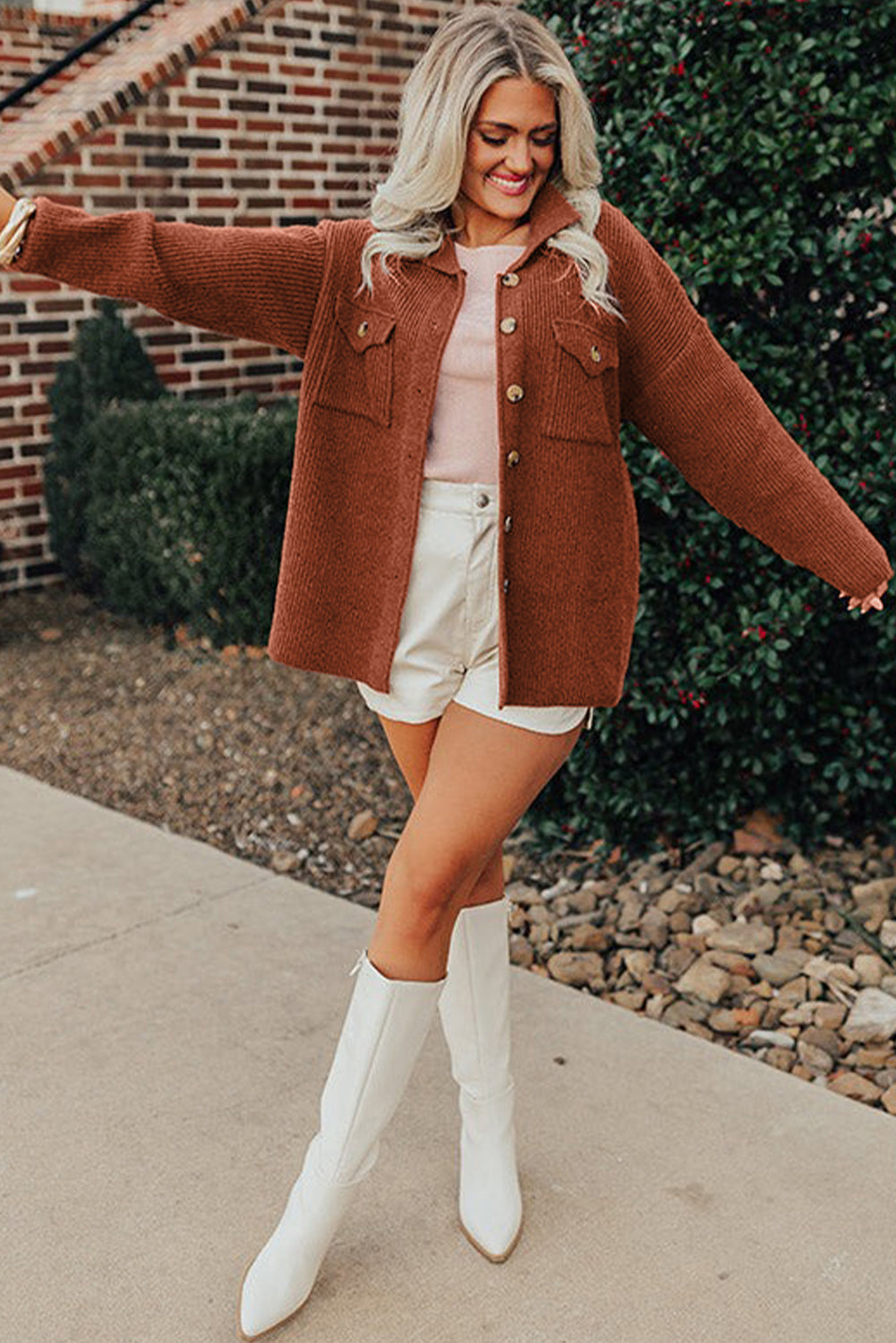 Ribbed Knit Buttons Front Flap Pocket Casual Shacket