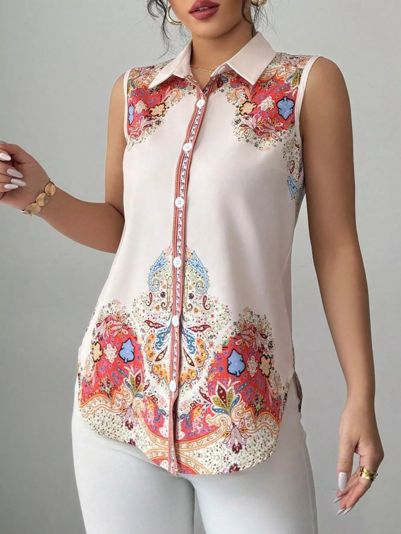 Button Up Sleeveless Shirt  Shop One Place