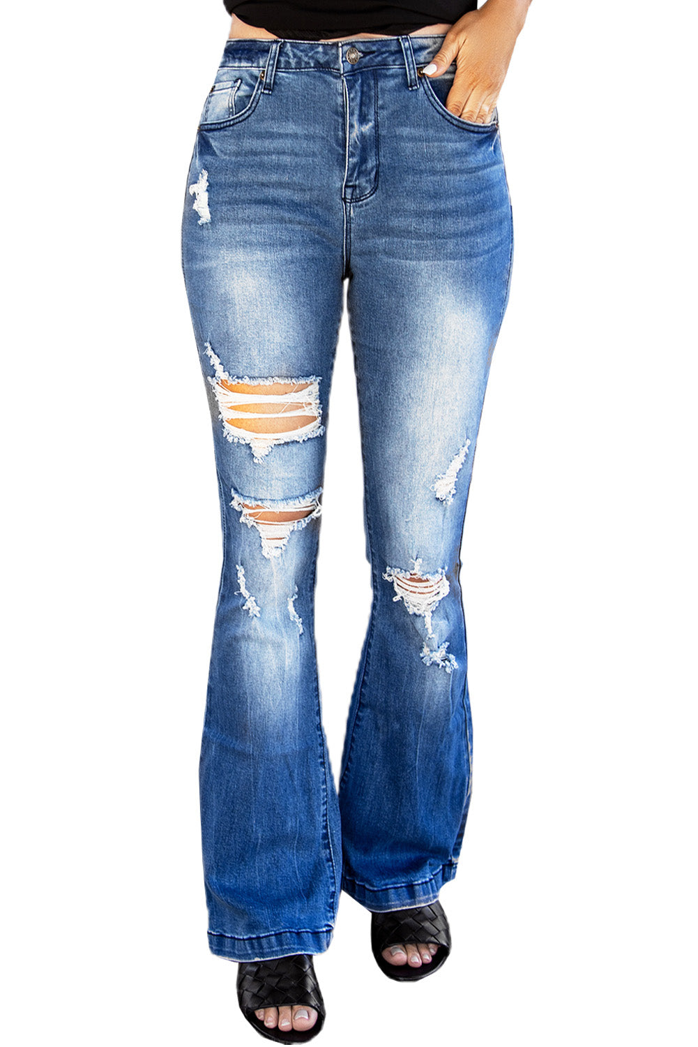 Blue Distressed High Waist Flare Jeans