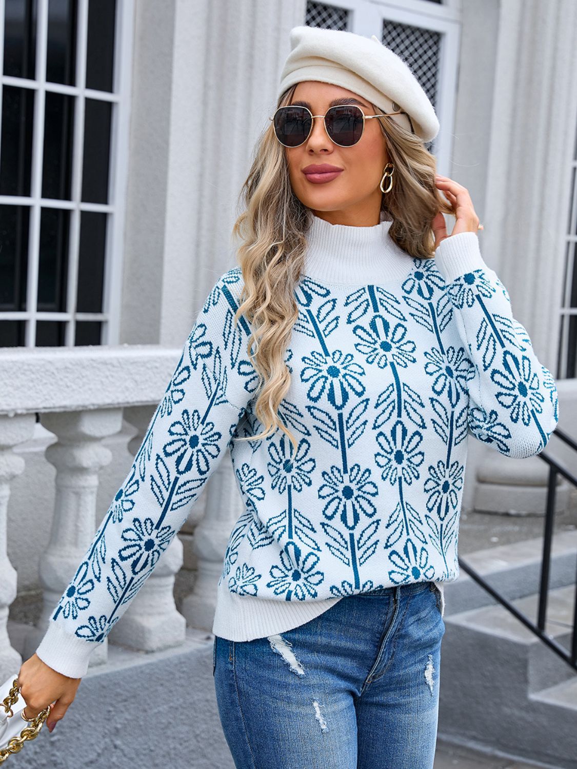 Angel Wings Flower Turtleneck Long Sleeve Sweater  Shop One Place