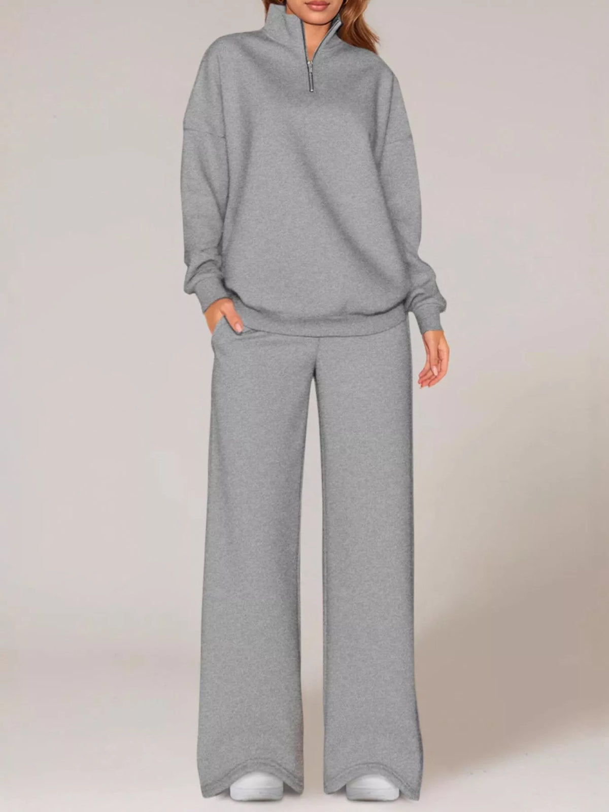 Half-Zip Sweatshirt and Wide-Leg Sweatpants Set  Shop One Place