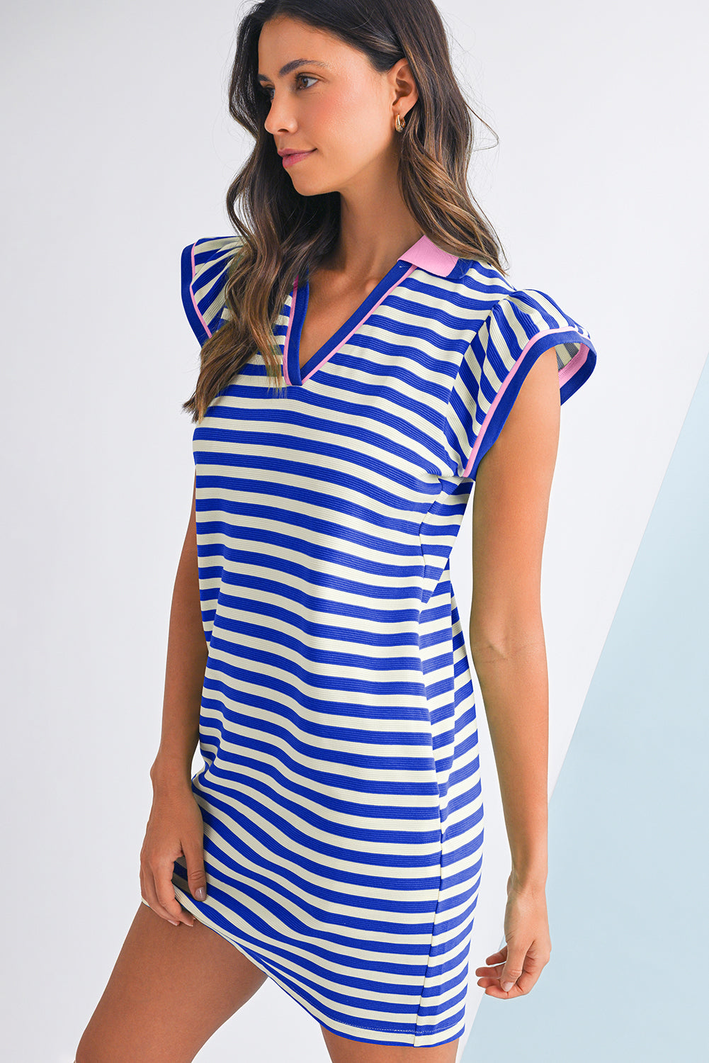 Dark Blue Striped Ruffle Short Sleeve Pop of Color Neckline Dress  Shop One Place
