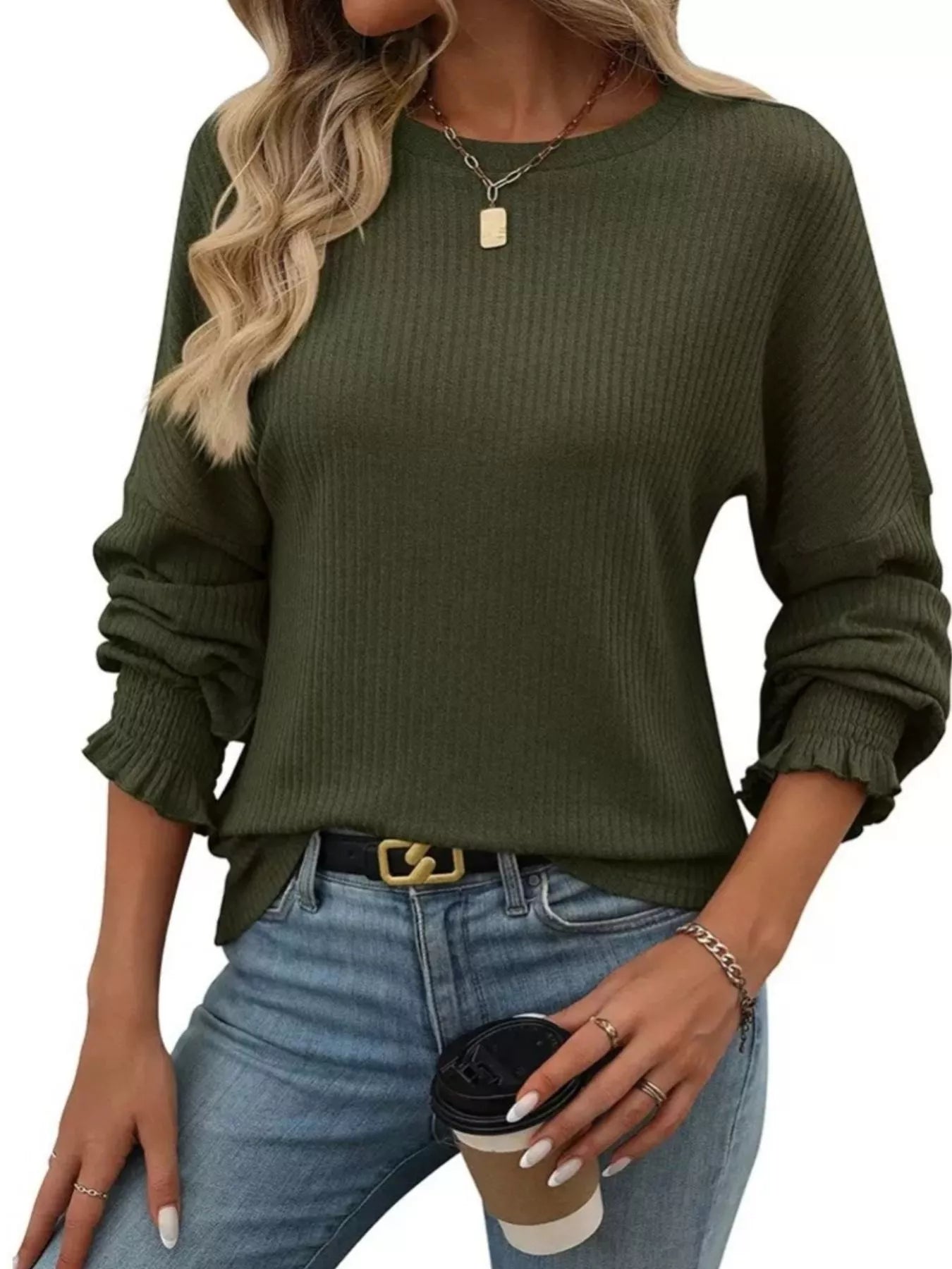 Ribbed Knit Long Sleeve T-Shirt  Shop One Place