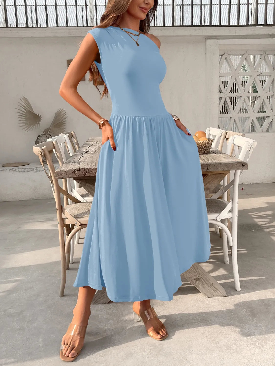 Single Shoulder Midi Dress with Pockets  Shop One Place