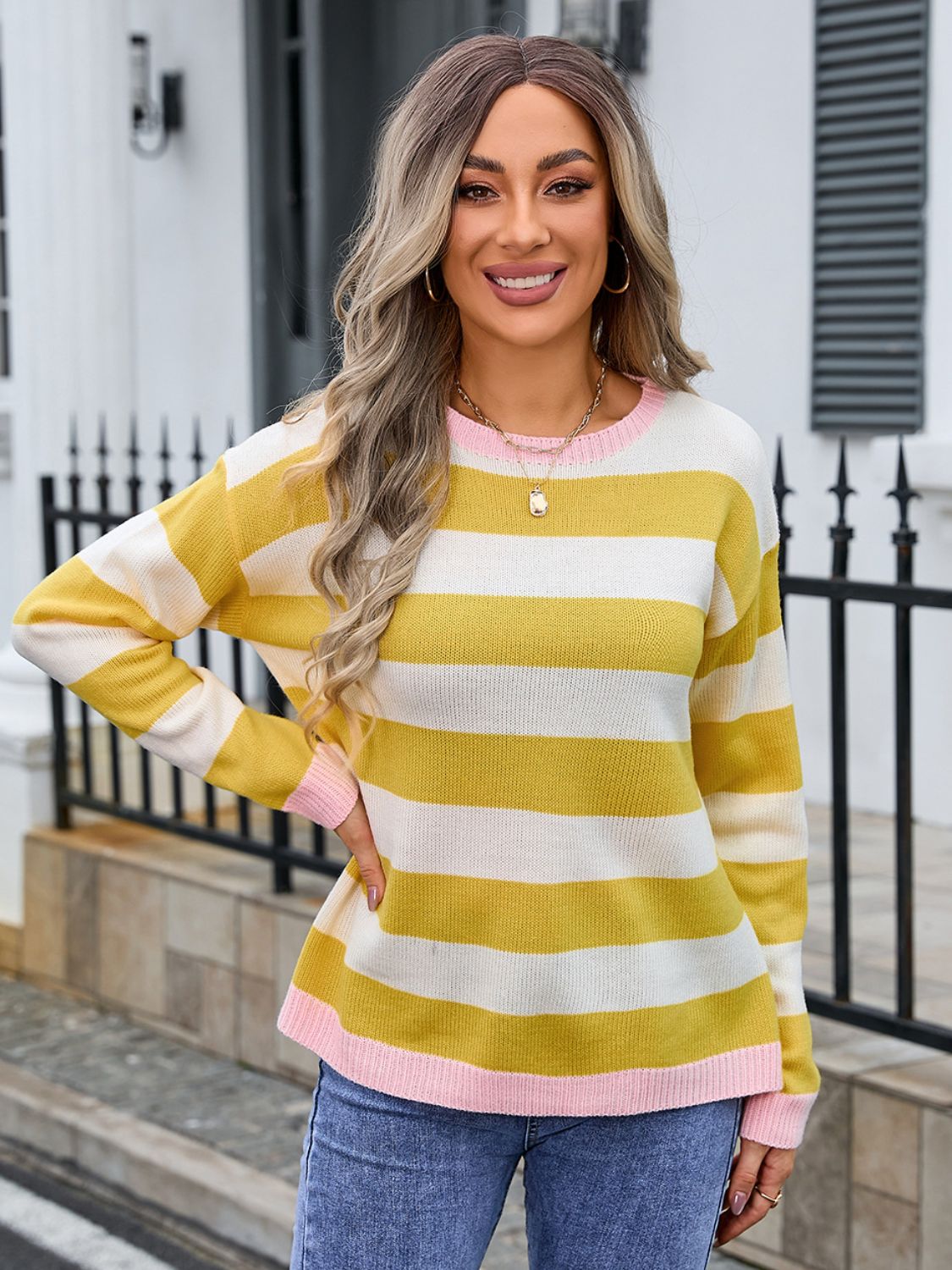 Angel Wings Striped Round Neck Dropped Shoulder Sweater  Shop One Place