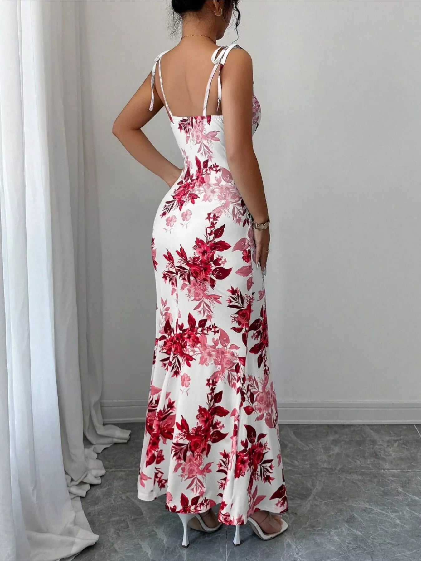 Printed Tie Strap Slit Maxi Dress  Shop One Place