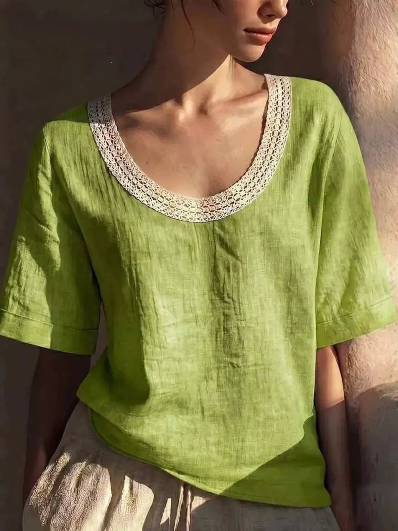 Full Size Lace Trim Short Sleeve Blouse Plus Size  Shop One Place