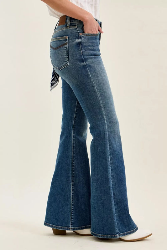 Judy Blue Mid Rise Jaqueline Flare with Triple Needle Back Pkts and Bandana Loop  Shop One Place