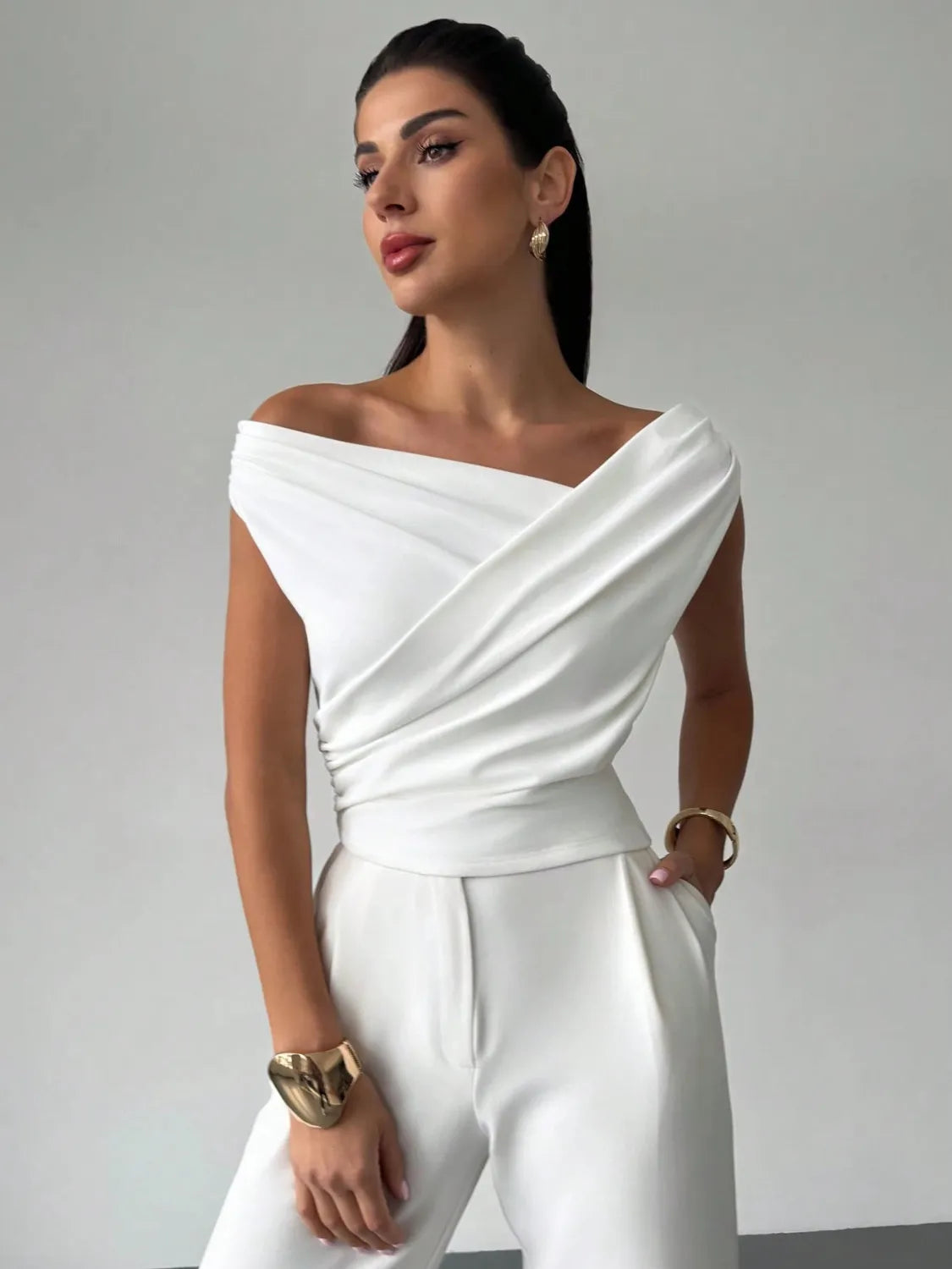 Asymmetrical Ruched Short Sleeve Top  Shop One Place