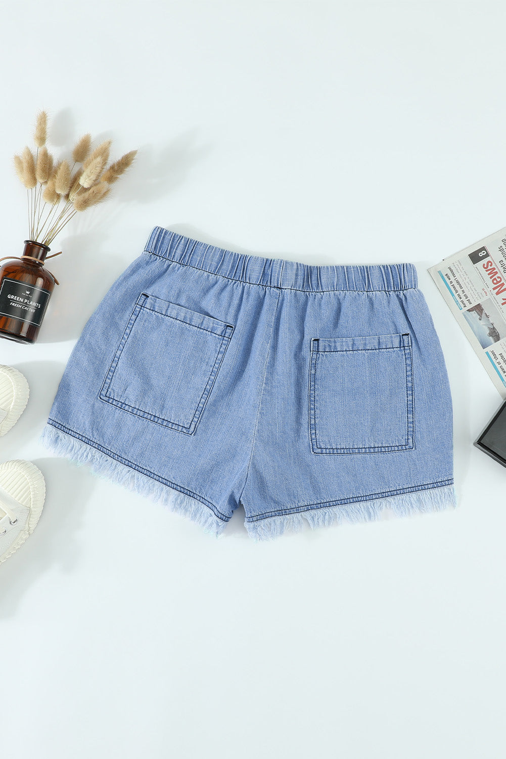 Dark Blue Casual  Frayed Pocketed Denim Shorts