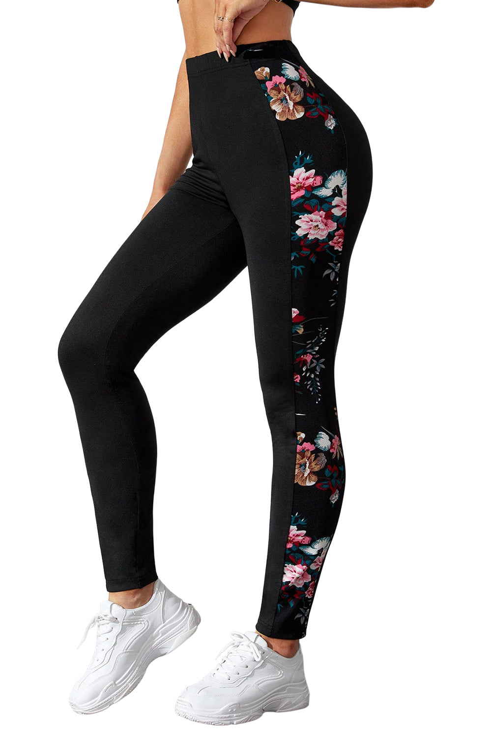 Black Floral Print Patch High Waist Leggings